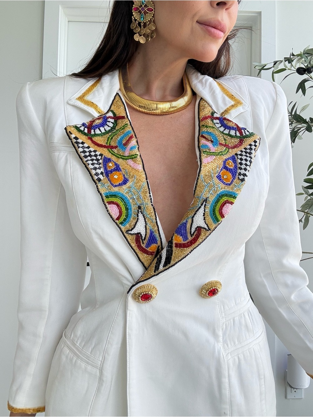 Rare Vintage Cache White Embroidered-Trim Double-Breasted Blazer Pant Suit - Picture 4 of 4